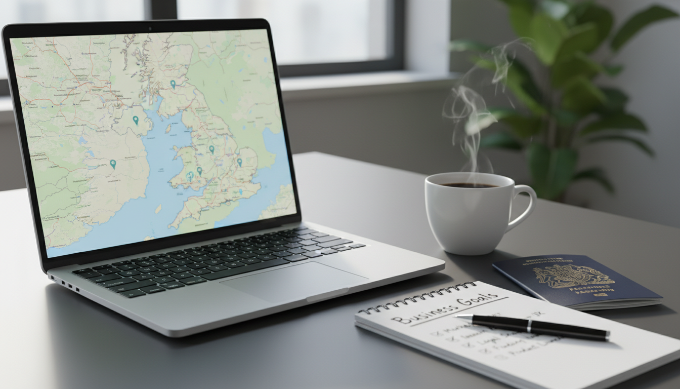 A photorealistic close-up shot of a modern workspace desk with a laptop displaying a UK map on the screen, a passport resting next to a cup of coffee, and a notepad with a checklist titled 'Business Goals', symbolizing the planning phase of an international business.