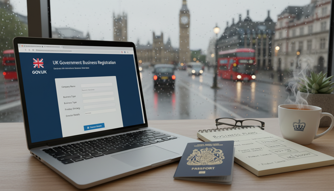 A photorealistic close-up shot of a modern workspace desk, featuring a laptop screen displaying a 'UK Government Business Registration' webpage, a British passport lying next to a notebook with handwritten business plans, a cup of tea with steam rising, soft natural lighting coming from a window overlooking a rainy London street, highly detailed 8k resolution.