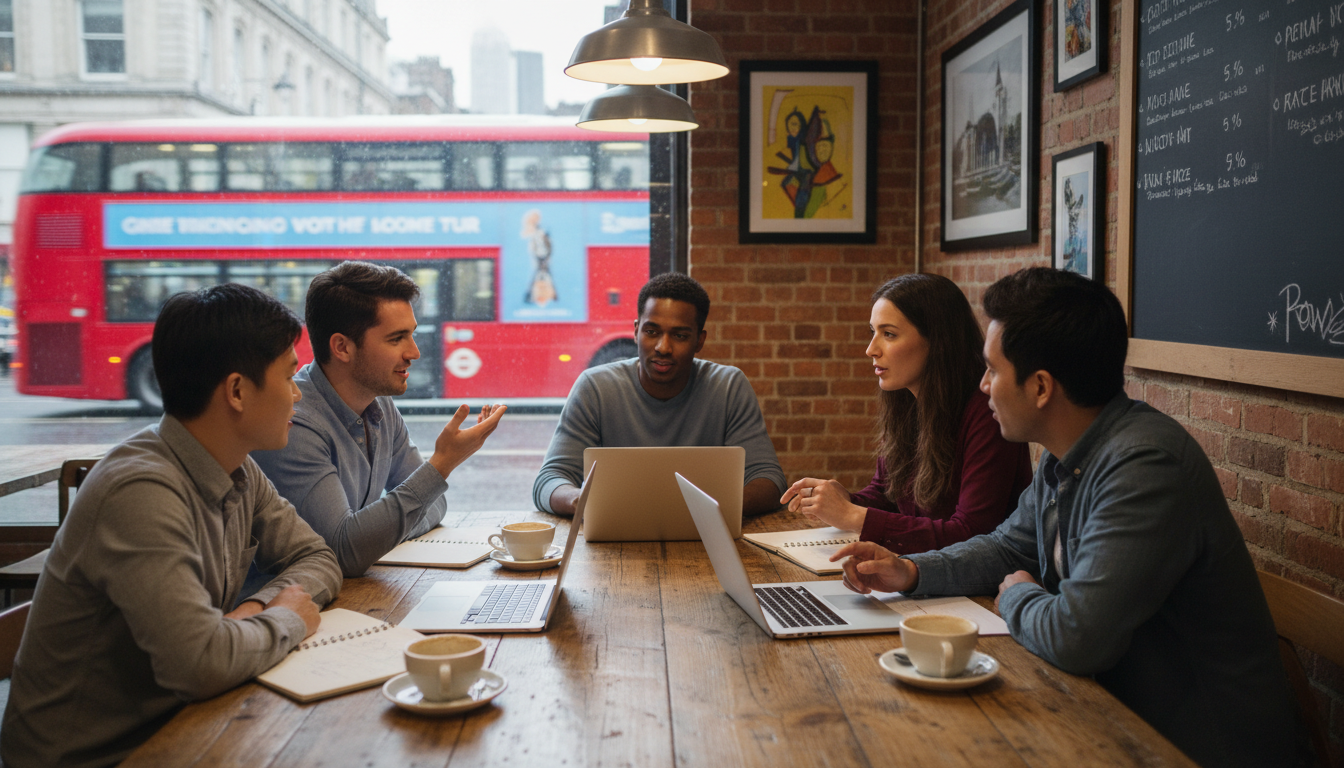A photorealistic image of a modern, diverse group of young entrepreneurs brainstorming around a wooden table in a stylish London coffee shop with brick walls. There are laptops, notebooks, and coffee cups on the table. Through the large window in the background, a blurry red double-decker bus is visible passing by on a rainy street, establishing the UK location.