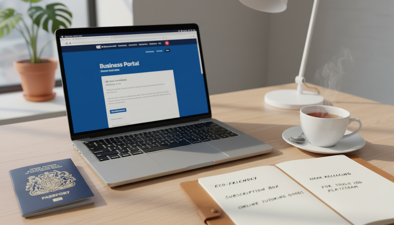 A photorealistic close-up of a modern desk setup with a British passport, a laptop displaying the UK government business portal, a notepad with handwritten business ideas, and a cup of tea, soft natural lighting coming from a window.