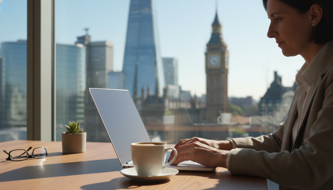 A modern workspace scene featuring a digital nomad working on a laptop with a cup of coffee, a blurred background of the London skyline including the Shard or Big Ben through a window, bright natural lighting, photorealistic 8k resolution.