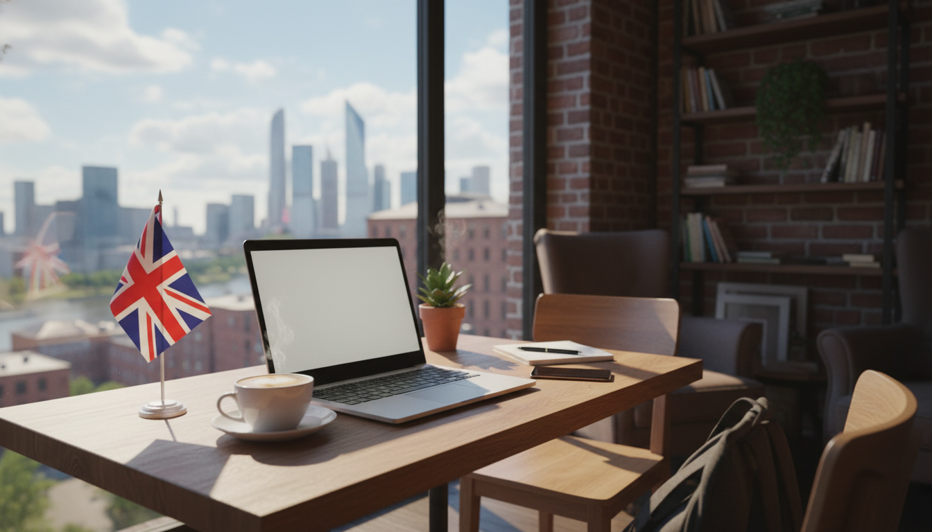 A photorealistic image of a digital nomad working on a laptop in a cozy, sunlit cafe with a view of a generic city skyline, a small Union Jack flag on the table next to a coffee cup, symbolizing remote UK business management.