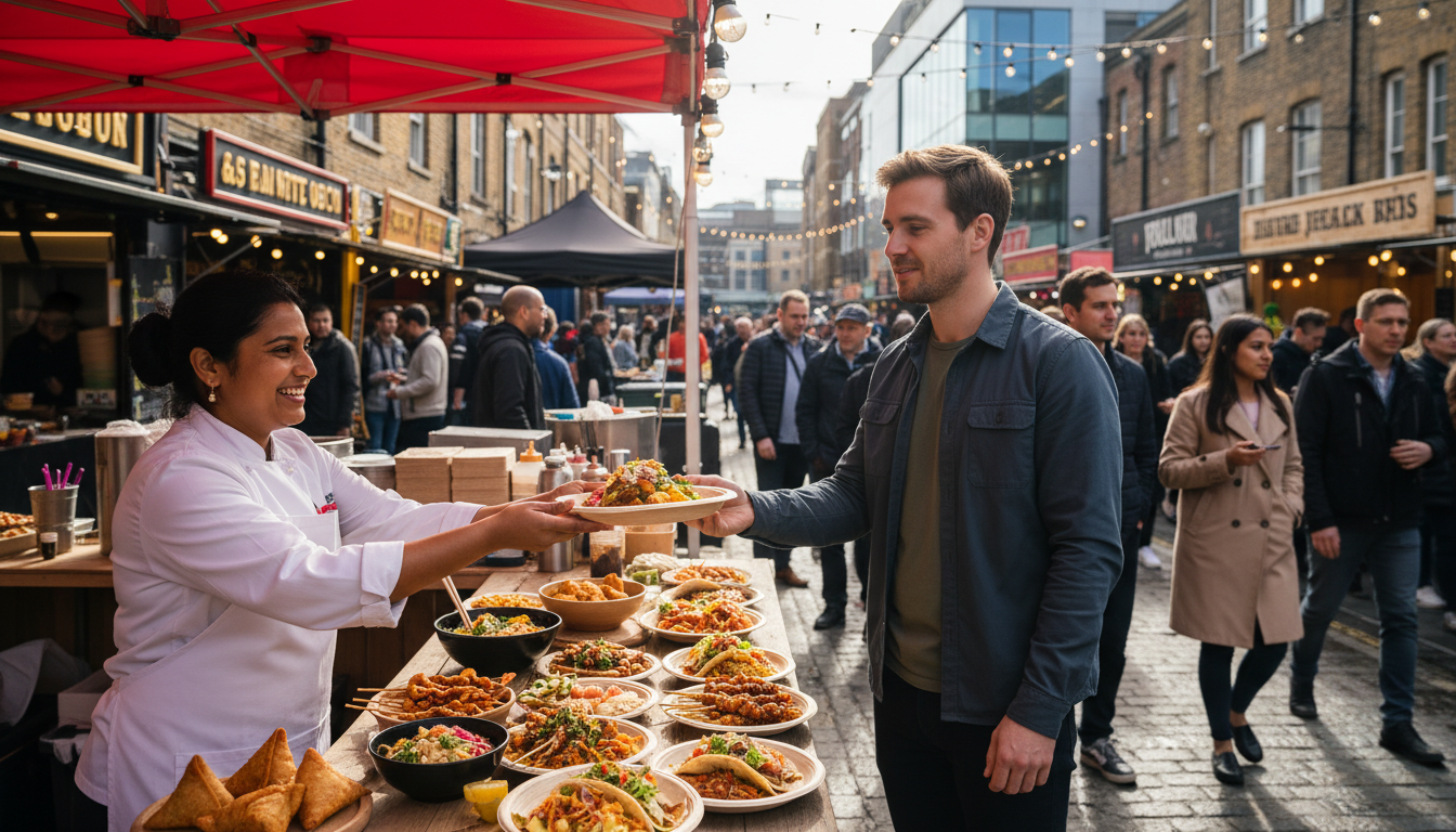 A bustling, modern street food market in London, featuring a diverse crowd of customers and a stall owner serving colorful, authentic international cuisine, photorealistic, 4k, natural daylight, depth of field