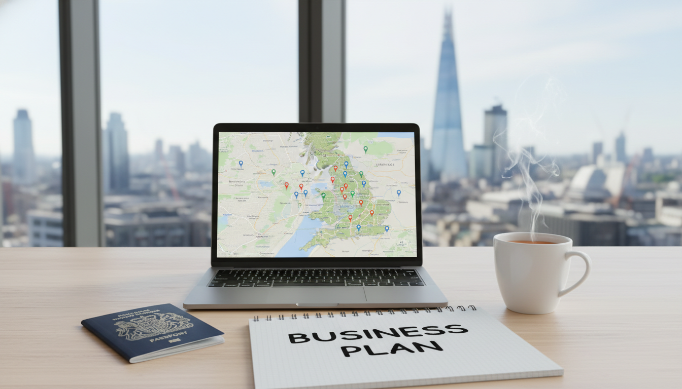 A photorealistic, high-resolution image of a modern, clean workspace featuring a silver laptop open on a desk, displaying a digital map of the UK with pin markers. Next to the laptop is a passport, a notepad with 'Business Plan' handwritten on it, and a steaming cup of tea. The background features a softly blurred view of the London skyline, including the Shard, through a large window during the daytime.