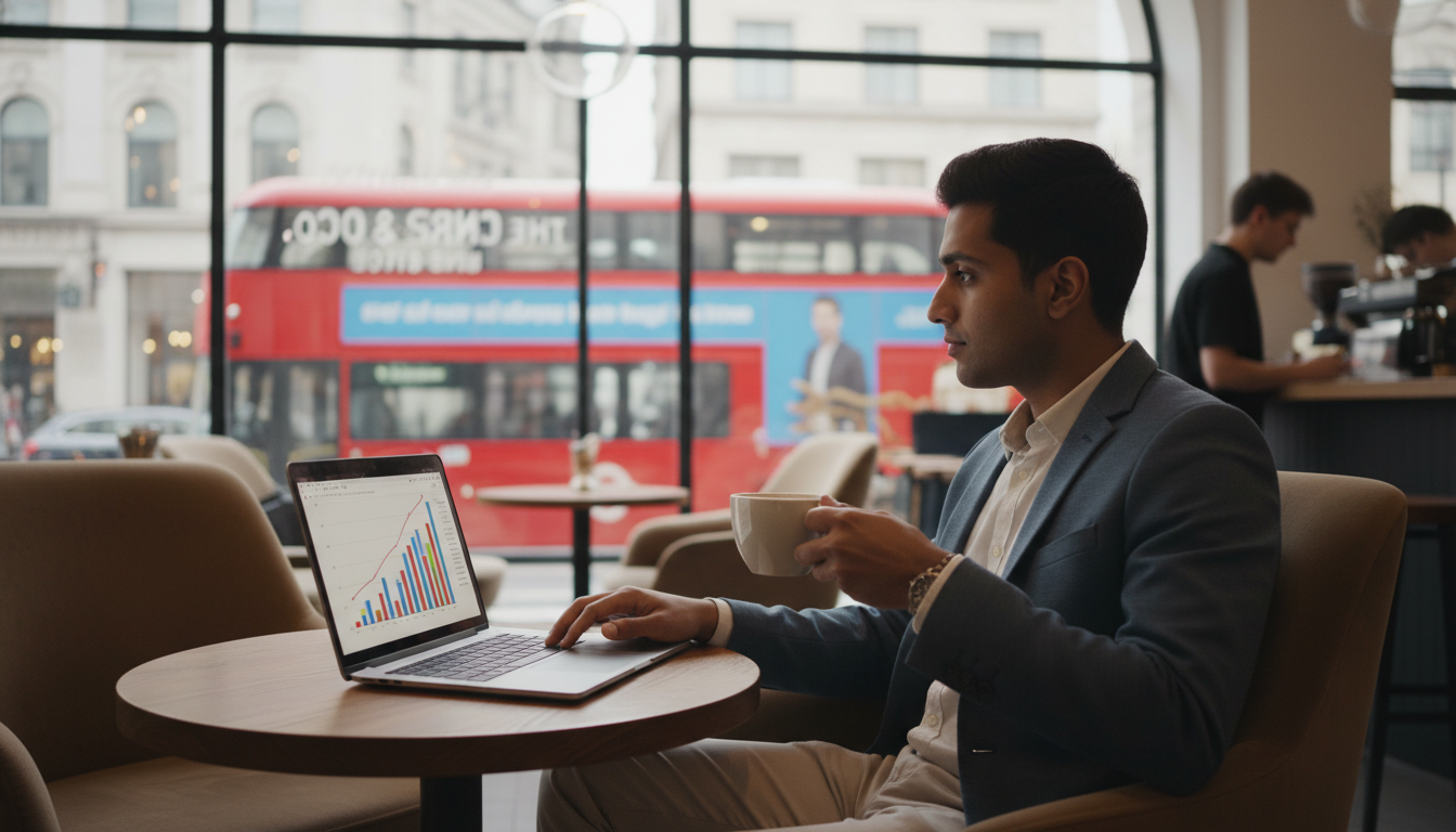 A diverse young entrepreneur sitting in a modern coffee shop in London with a laptop open displaying business graphs, with a blurred view of a red double-decker bus through the window, photorealistic, 4k, cinematic lighting