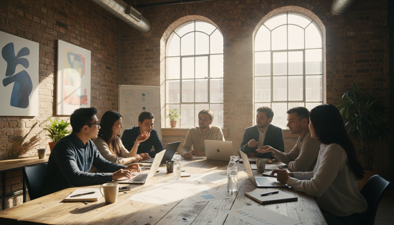 A diverse group of young professionals brainstorming around a wooden table in a modern, brick-walled office in Shoreditch London, sunlight streaming through large industrial windows, laptops open, coffee cups on table, high resolution, photorealistic 4k lighting